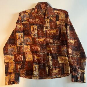 Vintage Moda Tech Western Shirt Red & Tan Horse Print All Over Womens M Cotton